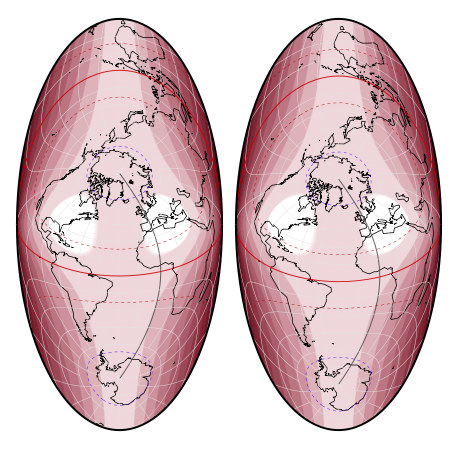 Original Atlantis projection (left) and modification, centered to 50°N/30°W (right)