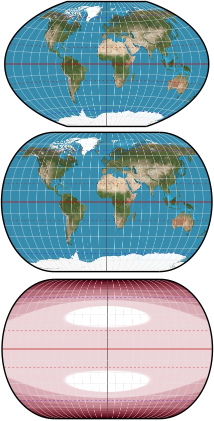 Top: Winkel tripel (Winkel formulation); Middle: Eckert III stretched so that [0°E, 45°N] is conformal; Bottom: angular error of middle map.