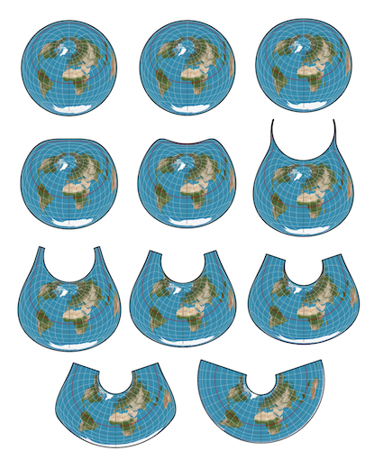 Lambert to Albers, parameterized [0..1] in 0.1 increments.