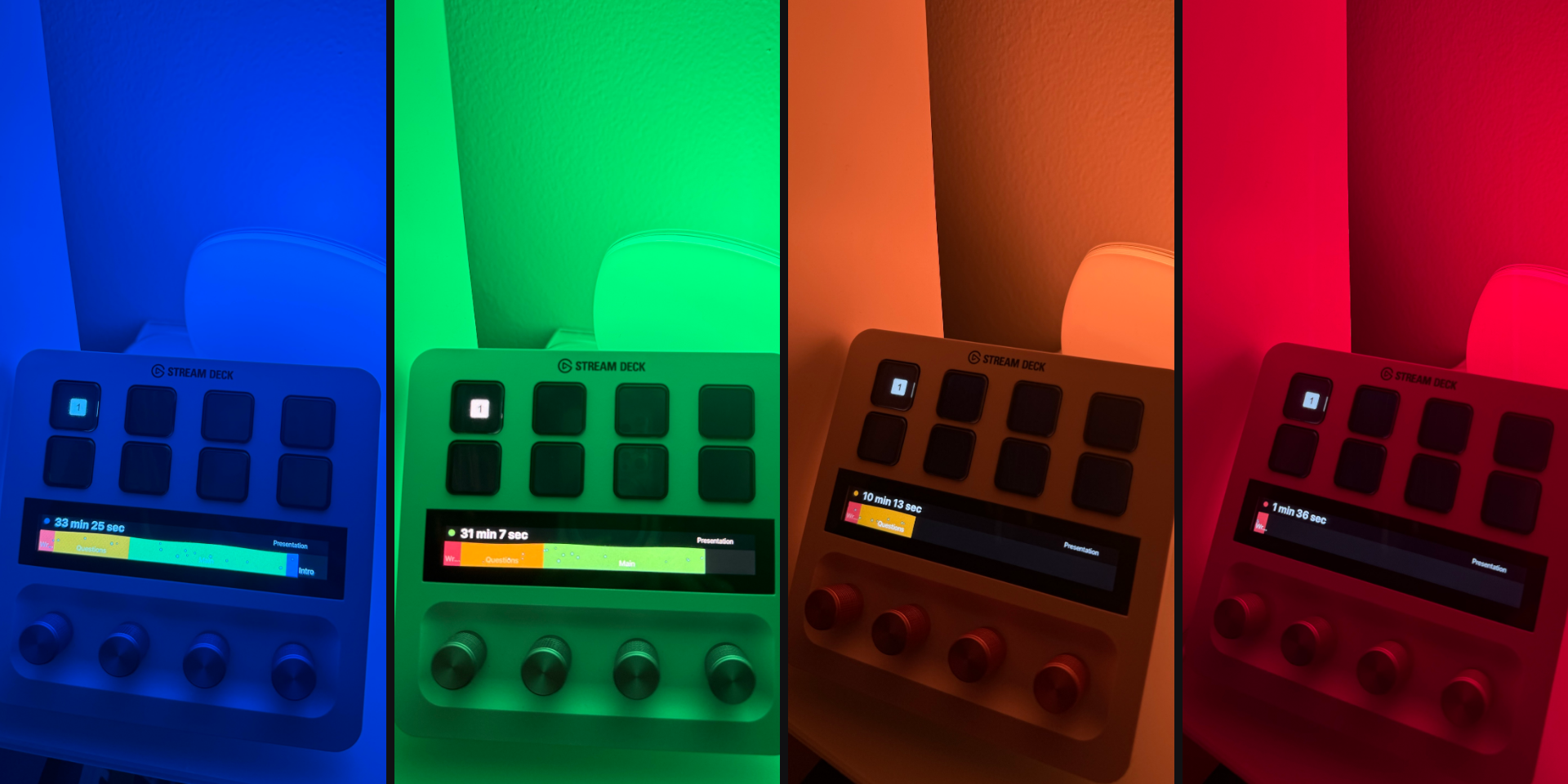 Four photographs of the same Stream Deck side by side, in a room lit by a Philips Hue lamp. Left to right the whole scene is blue, then green, then amber, then red, and the touch strip reads 33 min 25 sec, 31 min 7 sec, 10 min 13 sec and 1 min 36 sec — the colored bar shrinking from nearly full to a small red block as the time runs down.