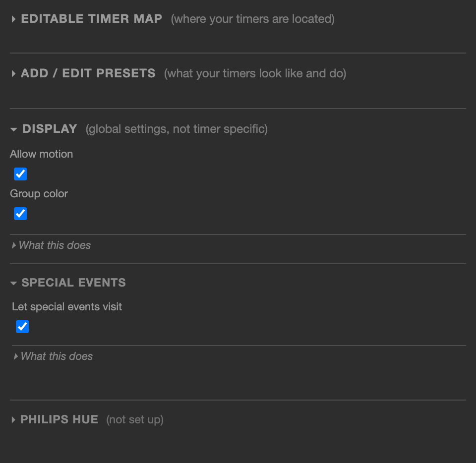 The Display section: Allow motion and Group color checkboxes, a folded 'What this does' explanation, then two folded subsections — Special events, holding a 'Let special events visit' checkbox, and Philips Hue, marked 'not set up'.