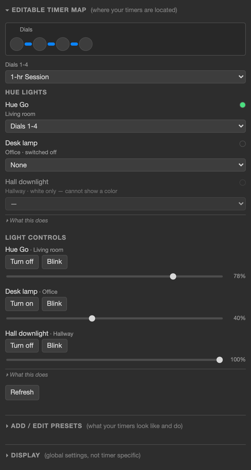 Two sections inside the editable timer map. Hue lights: three bulbs, each with its name, its room, a dot showing the color it is being given, and a dropdown naming the timer that drives it — Hue Go set to Dials 1-4, Desk lamp marked switched off and set to None, Hall downlight greyed out and marked white only, cannot show a color. Then Light controls: the same three bulbs, each with a Turn off or Turn on button, a Blink button, and a brightness slider reading 78, 40 and 100 percent.