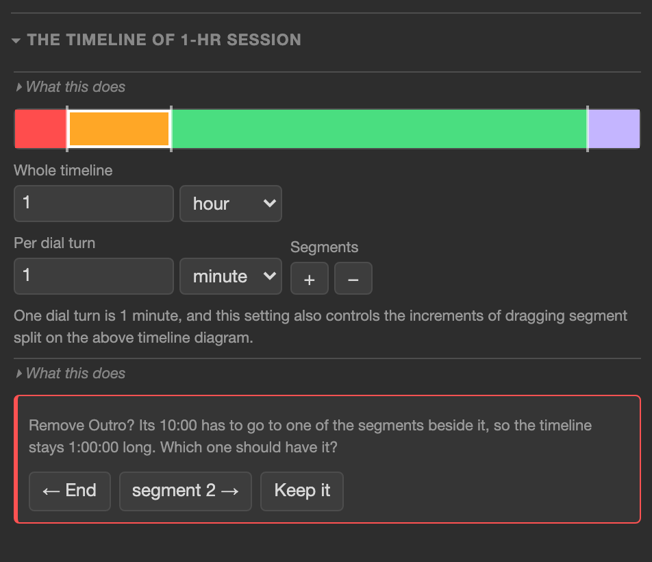 A removal prompt outlined in red inside the timeline section, reading: Remove Outro? Its 10:00 has to go to one of the segments beside it, so the timeline stays 1:00:00 long. Which one should have it? Below are three buttons: a left arrow labelled End, one labelled segment 2 with a right arrow, and Keep it.