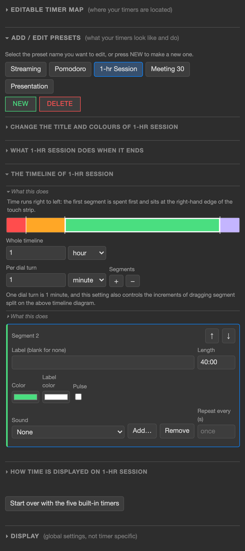 The timeline group opened: a bar split into four colored segments with white grips between them, a Whole timeline field reading 1 hour, a Per dial turn field reading 1 minute, plus and minus buttons, and below them the editor for the chosen segment, with its label, length, color, label color, pulse, sound and repeat.