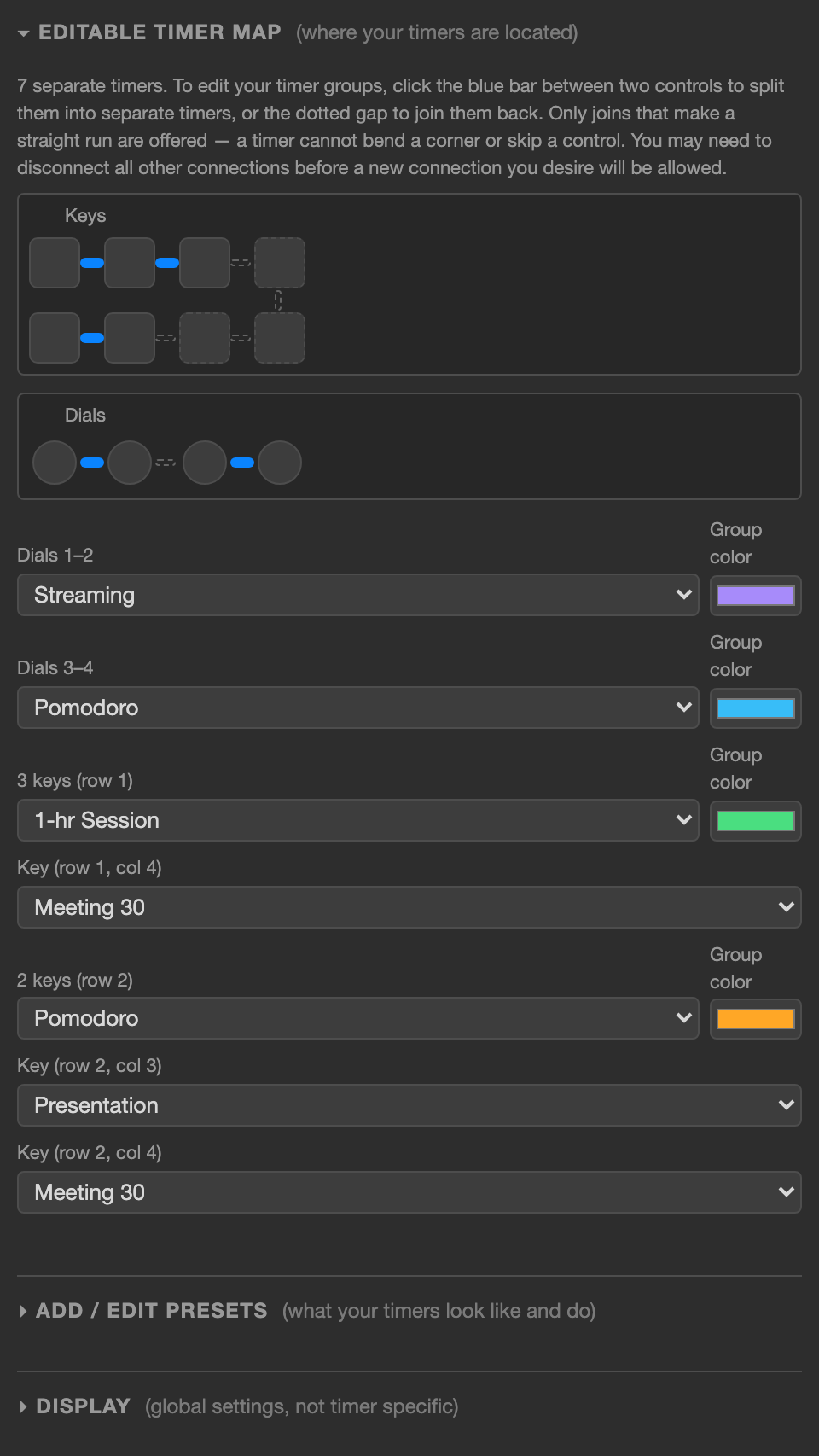 The editable timer map: a diagram of eight keys in two rows above a row of four dials. Short blue bars link the controls that share a timer, and dotted gaps sit between the ones that do not. Below the diagram, one dropdown per timer names the preset it is running.